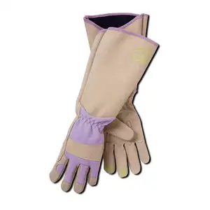 Women Men Purple Cowhide Leather And Stretch Spandex Back Stitching Long Gauntlet Thorn Resistant Garden Gloves