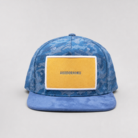 Casquette de baseball personnalisée à visière plate, motif camouflage bleu, 6 panneaux, snapback, patch brodé jaune, réglable, vente en gros, OEM, faible MOQ