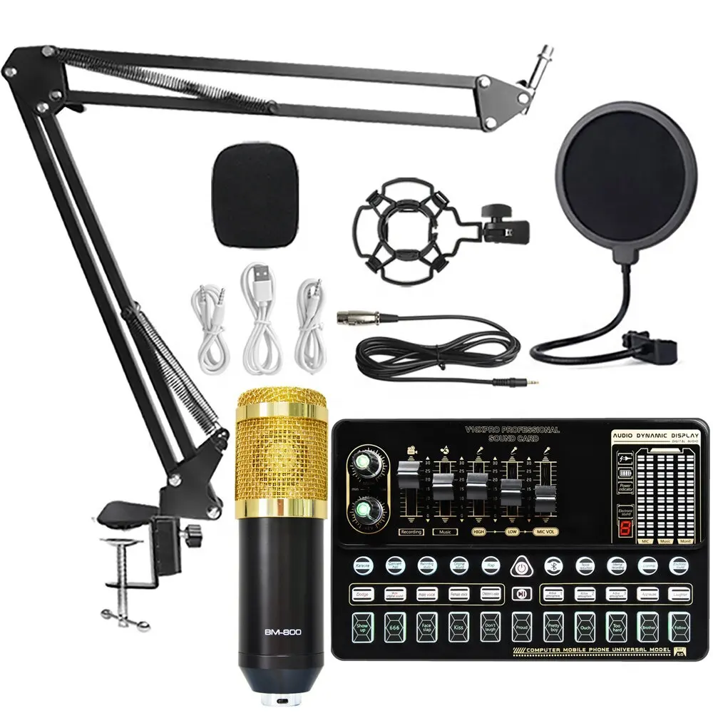 Condenser Microphone Kit Pro Audio Studio Sound Recording Microphone BM800 with V10X PRO Muti-functional Blu tooth Sound Card