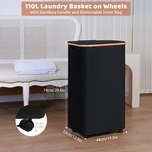 100L Space Saving Collapsible <b>Laundry</b> <b>Basket</b> <b>with</b> <b>Wheels</b> and Removable Wash Bag Cotton Blend Material - Product Image 2