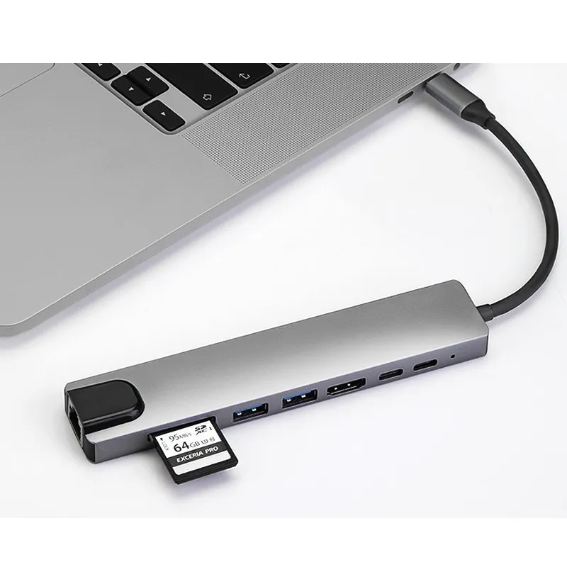 8 1 USB 유형 C HDMI 허브 멀티 포트 어댑터 4K HDMI 이더넷 USB 3.0 USB 2.0 포트 SD TF 카드