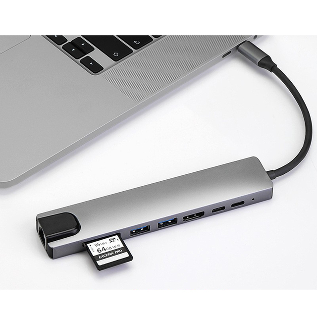8 in 1  USB Type C to HDMI Hub Multiport Adapter  With 4K HDMI Ethernet USB 3.0 USB 2.0 Ports SD TF Card