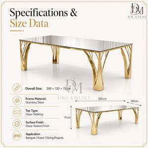 Table à manger moderne en verre miroir avec plateau en acier inoxydable, pieds ouverts décoratifs, mobilier de luxe pour événements et mariages - Product Image 2
