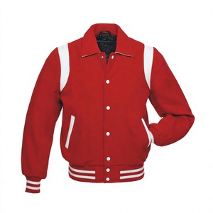 Chaqueta Varsity Roja para Hombre, Estilo Preppy, Cuello Camisero, Manga Regular, Cierre de Botón, Color Sólido, Material de Poliéster, para Otoño - Product Image 1