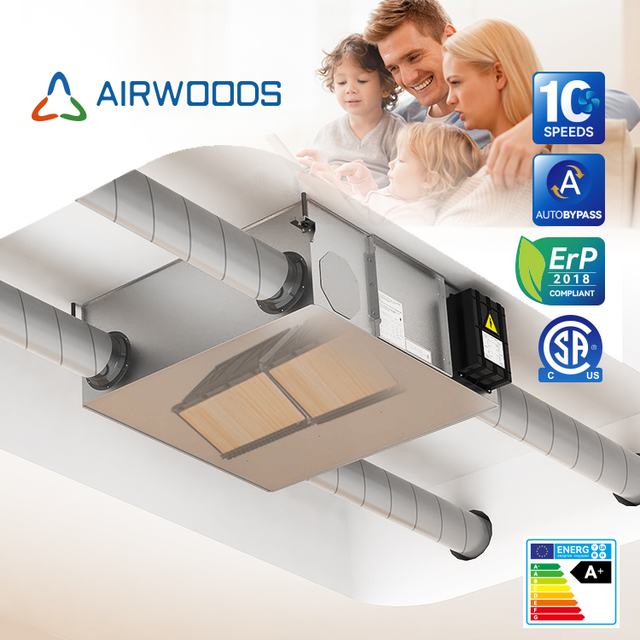Home Ventilation Tuya App Control Energy Saving Clean Air Treatment Unit Cross Flow Heat Exchanger 80-90% Efficiency School Use