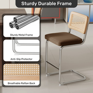 Mid Century Modern Rattan Back Bar <b>Stool</b> With Stainless Steel Frame Padded <b>Seat</b> For Kitchen Island Home Bistro - Product Image 3