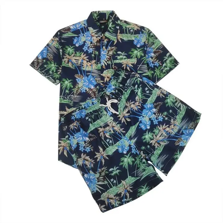 2022 New Design Custom Print Button Up Set Short Sleeve Printed Hawaiian Casual Shirts Shorts For Men