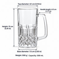 Chope à bière en verre transparent gaufré 500 ml avec logo personnalisé, motif diamant, grande poignée, pour bar, pub, restaurant, hôtel