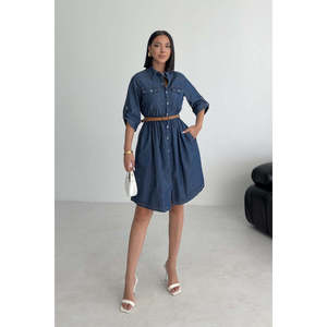 Vestido Camisero de Mezclilla con Cuello Camisero, Cintura Natural, Tejido Transpirable, Estilo Casual Diario - Product Image 4