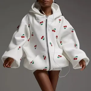 Sudaderas con capucha de otoño para <span class=keywords><strong>mujer</strong></span>, prendas de vestir de manga larga exteriores con <span class=keywords><strong>cremallera</strong></span> para <span class=keywords><strong>mujer</strong></span>, chaquetas holgadas informales con Estampado de cereza, sudaderas con capucha y bolsillo - Product Image 1