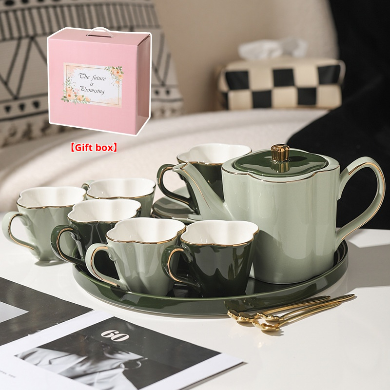 Petali verdi, set regalo composto da teiera con sei tazze e sei piattini + vassoio.