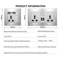 Tréfilage en aluminium UK 13A Interrupteur mural 220V avec prise électrique Type-c, prise de courant universelle 3 broches double USB
