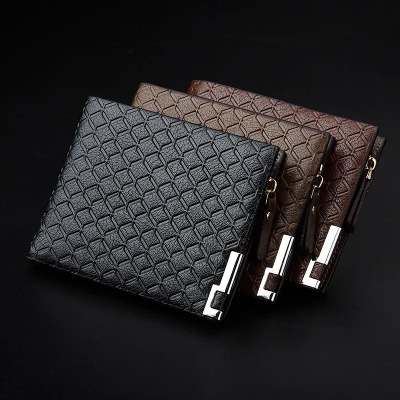 Men's horizontal casual PU leather money wallet business models fashion embossed hardware zipper wallet wholesale