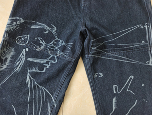 Jean en denim pour homme à double genouillère, coupe large, en denim indigo épais, imprimé graphique, coupe décontractée, style High Street, Archive, personnalisé OEM, délavé à l'acide - Product Image 3