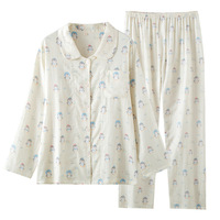 Pyjama en coton tissé de qualité supérieure pour femme, ensemble d'été, printemps, automne, fin, à manches longues, respirant, à revers, motif dessin animé, pour étudiante, tenue d'intérieur