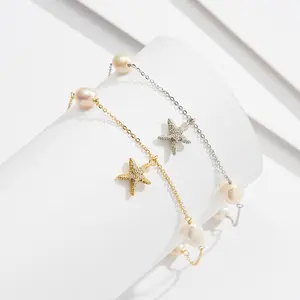 RINNTIN SA74 Pave Setting Sea Star Charms Anklet Sterling Silver 925 Summer Jewelry With Freshwater Pearl Silver Chain Anklet
