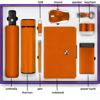 Ensemble cadeau d'affaires personnalisé promotionnel comprenant un carnet, un stylo, une gourde isotherme, une batterie externe et un clé USB – Idéal pour les cadeaux d'entreprise ou les offres promotionnelles.