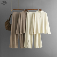 Ensemble tricoté décontracté d'hiver pour femme Lumos Cross Border Euro American, couleur unie, col roulé, pull à demi-zip et pantalon large