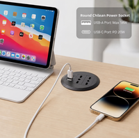 Module d'alimentation de bureau noir avec prise chilienne standard, prise encastrée ronde avec 2 prises CA, USB-A 18W, USB-C 20W pour plan de travail