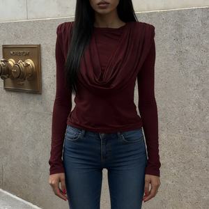 Women's Draped Cowl Neck Long Sleeve <b>Top</b> - Ruched Shoulder Slim Fit Blouse Shirt <b>Top</b> Fashion - Product Image 5