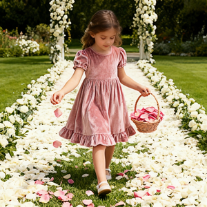 ชุดเดรสเจ้าหญิงสีชมพูกำมะหยี่แขนพองคอกลมยาวถึงเข่ามีระบายสำหรับงานเลี้ยงวันเกิด - Product Image 1