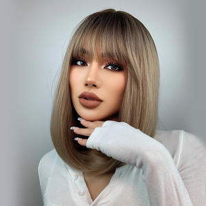 วิกผมสังเคราะห์ Bob Straight สีน้ำตาลอมบลอนด์แบบไล่เฉด พร้อมหน้าม้า ยาวประบ่า ดูเป็นธรรมชาติสำหรับผู้หญิง จัดส่งทันที - Product Image 3