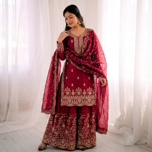 Ensemble indien pakistanais brodé, Anarkali Kurta à manches longues, Palazzo, Dupatta, tenue de soirée formelle - Product Image 1