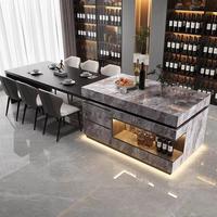 Table à manger extensible avec îlot central, plateau en pierre, armoire de rangement en bois massif, éclairage LED, table multifonctionnelle