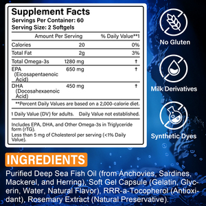 Complément d'huile de poisson Oméga <span class=keywords><strong>3</strong></span>, <span class=keywords><strong>120</strong></span> gélules, 1280 mg par portion, renforce le système immunitaire, capsules d'huile de poisson avec EPA, DHA et Oméga <span class=keywords><strong>3</strong></span> - Product Image 5