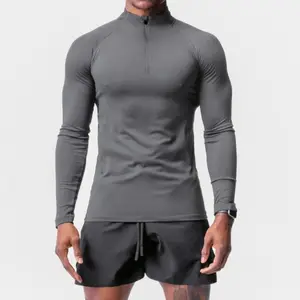 Özelleştirmek erkek çeyrek Zip hızlı kuru Polyester Spandex boş uzun kollu ince aktif kas sıkıştırma spor T shirt