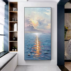 Hand Painted Oil Painting Seascape Sunrise Blue Tone <b>Framed</b> Impressionism Art For Entryway Hallway <b>Wall</b> Decor - Product Image 3