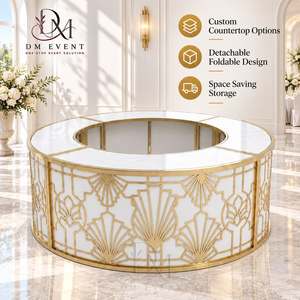 Comptoir de bar rond pliable sur mesure en acier inoxydable doré et blanc, orné de motifs en spirale, avec plateau en verre trempé amovible - Product Image 1