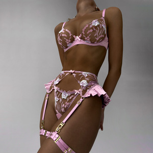 Lencería Floral conjunto íntimo encaje transparente Sexy fantasía <span class=keywords><strong>ropa</strong></span> interior lujo atractivo Pushup sujetador trajes - Product Image 3