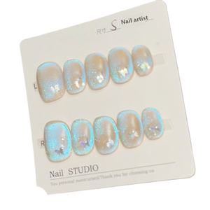 Larmes bleues faites à la main Nail Art Patch été Style court carré oeil <span class=keywords><strong>de</strong></span> chat Aurora papillon bleu presse sur les ongles - Product Image 5