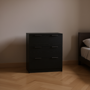 Commode en bois d'ingénierie chêne noir à 3 tiroirs, mobilier de chambre moderne, design autoportant en panneaux MDF - Product Image 2