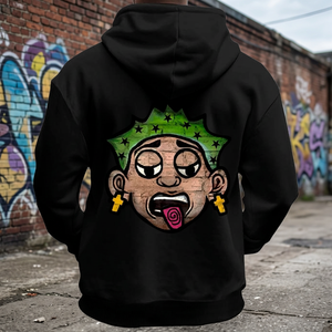 Unisex Herbst Schwarzer Baumwoll-Hoodie mit Lockerem Schnitt, Cartoon-Druck auf der Rückseite, Grüner Haar-Charakter Pullover, Lässiger Adil Nexus mit Tasche - Product Image 3