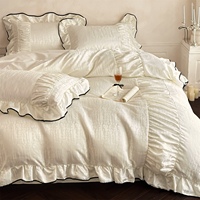 Ensemble de literie en satin crème jacquard 4 pièces, housse de couette en coton et polyester avec volants et bordure noire, literie française