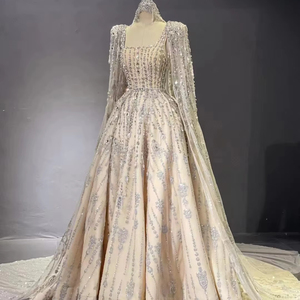 Robe de reine, coupe A, col carré, luxe, strass, cristal, manches longues, perles, robe de scène avec <span class=keywords><strong>voile</strong></span> - Product Image 1