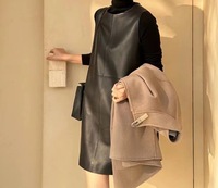 31150 printemps automne à la mode O cou Style droit court noir robe en cuir véritable pour les femmes