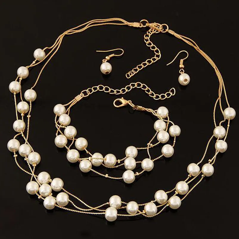 Комплект свадебных украшений KOMi из искусственного жемчуга, комплект из двух слоев женского жемчуга, серег, ожерелья, браслета, для свадьбы