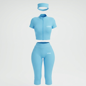 Ensemble 3 pièces personnalisé pour <span class=keywords><strong>femme</strong></span> avec logo : haut court à col montant zippé à manches courtes, pantalon taille haute longueur genou et bandeau - Product Image 2