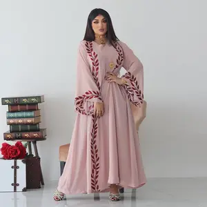 Y AB216 medio oriente moda strada estate chiffon lungo tradizionale abbigliamento musulmano abito rosa ricamato con foulard