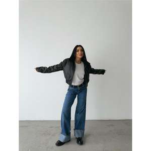 Chaqueta Bomber de Cuero Reversible con Cuello de Piel Negra, Prenda Exterior de Piel de Oveja con Apliques de Flecos, Plumas y Perlas, Decoraciones Personalizadas - Product Image 4