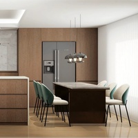 Ensemble d'armoires de cuisine modulaires sur mesure, design moderne, portes en bois massif, tiroirs à glissières en mélamine, charnières, table à manger, utilisation en appartement