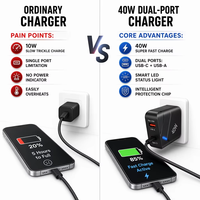Chargeur rapide pour téléphone 40W à double port USB-A et Type-C, prise EU/US, indicateur LED, circuit intelligent, multiprotection, logo personnalisé, directement de l'usine