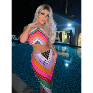 Boho inspiré à la main Sequin court haut court ensemble pour femmes <span class=keywords><strong>disque</strong></span> irrégulier coloré Bikini corps chaîne filles Sexy Mini jupe - Product Image 2