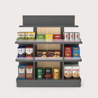 Présentoir de magasin à 3 niveaux avec panneau de tête, 3 sections, étagères de sécurité givrées, panneau arrière en grain de bois et montants rainurés