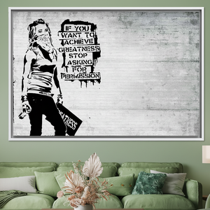 Achieve Greatness: Banksy Graffiti Art Printed <b>Canvas</b> Artwork,WHITE <b>FRAMED</b> <b>CANVAS</b> - Product Image 3