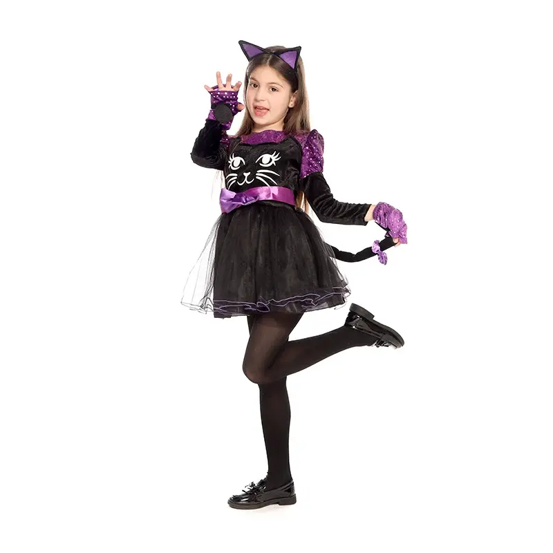 Kostum kucing mewah Halloween anak-anak kostum kucing tengah malam mewah, gaun, ikat kepala telinga kucing & ekor