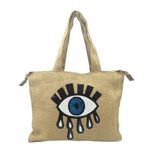 Ama/zon hecho a mano mal de ojo bordado yute bolso de mano bolsa de <span class=keywords><strong>playa</strong></span> cremallera bolsa de regalo con cristales y borlas - Product Image 5